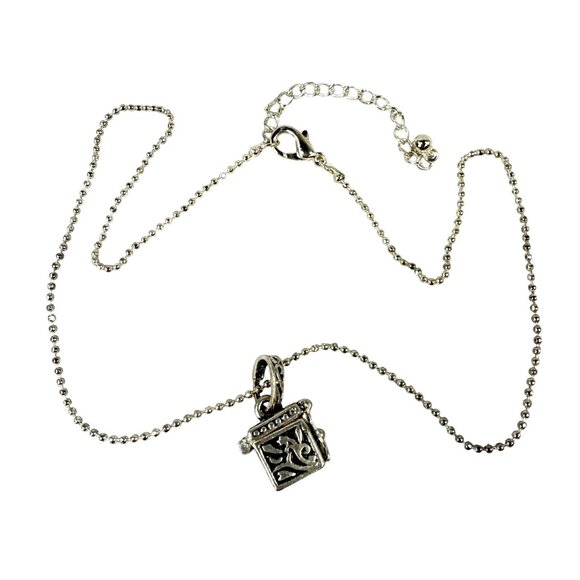 Silver-Tone Prayer Box Locket Necklace Ornate Etching & Purple Gemstone Accents - Picture 1 of 16